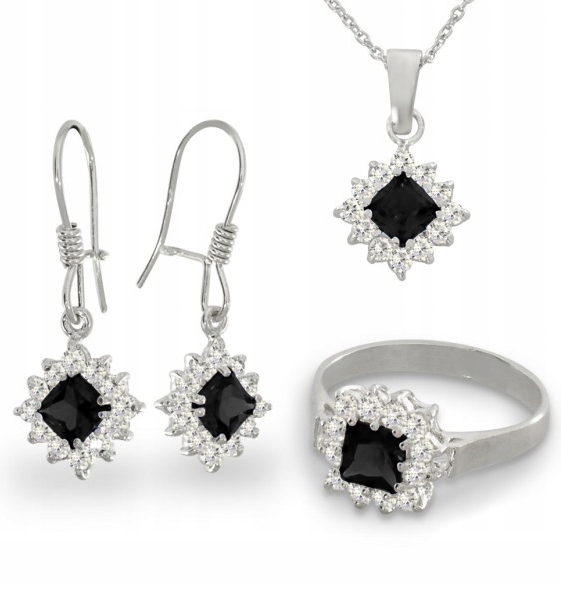 Stříbrný Karmínový Komplet S Černými Zirkony