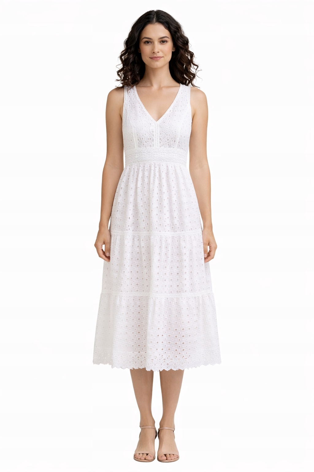 Bílá Šaty MIDI Ažurová S Výstřihem Do V L I4A