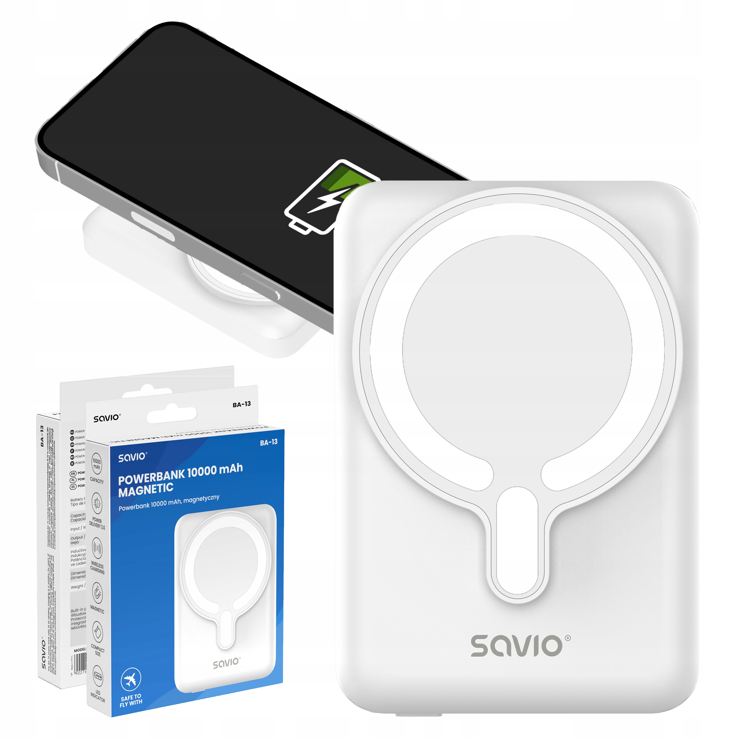 Powerbank Magnetyczny 10000mAh Savio BA-13 Pd 20W MagSafe 15W Usb-c Led Qi