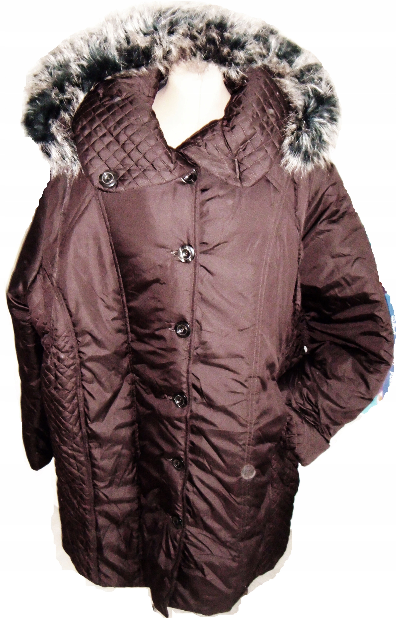 Nový Velký Dámský Knoflíky Zapínání Na Knofly, Kožíšek Hnědý, Kapuce vel. 3XL 4XL 54-56-58-60