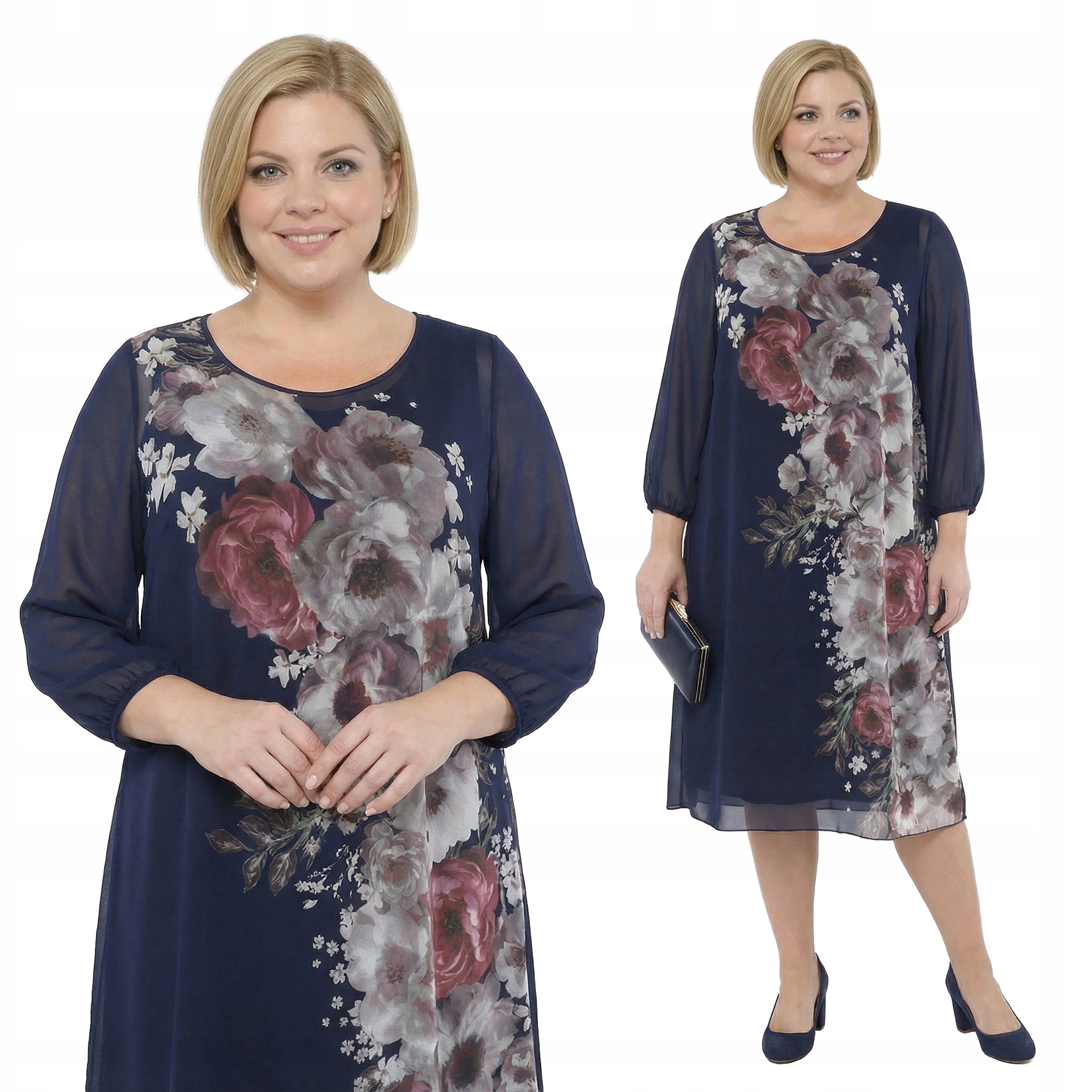 Tmavě modrá šaty s květinovým vzorem plus size, velikost 48