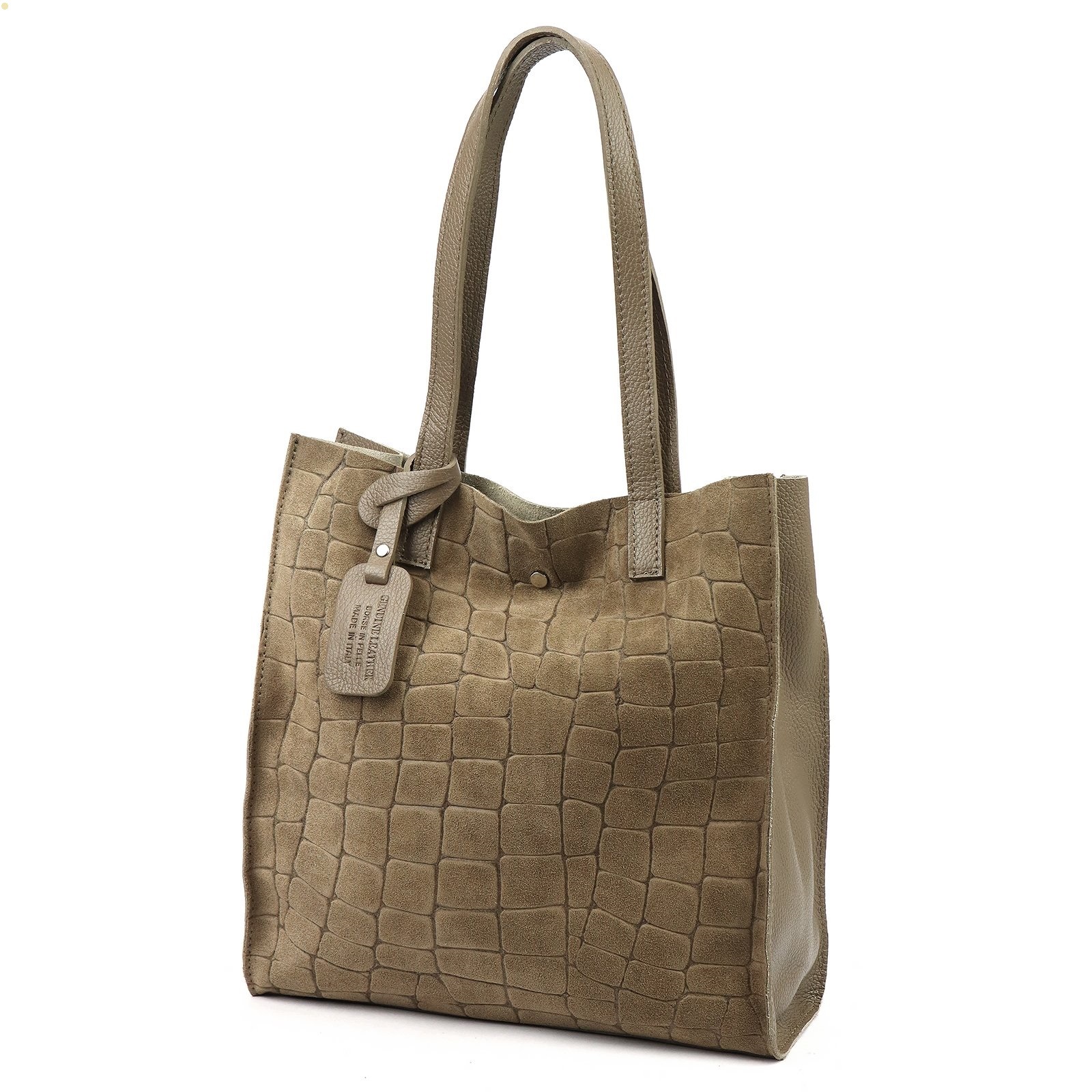 Dámská kabelka Vera Pelle Kožená Semišová Taupe Shopper přes rameno croco