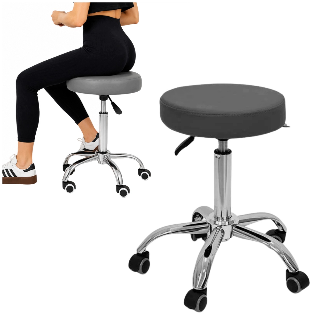 Taboret Obrotowy Na Kółkach Z Pianką Comfort Szary Do 150KG Aion Akito
