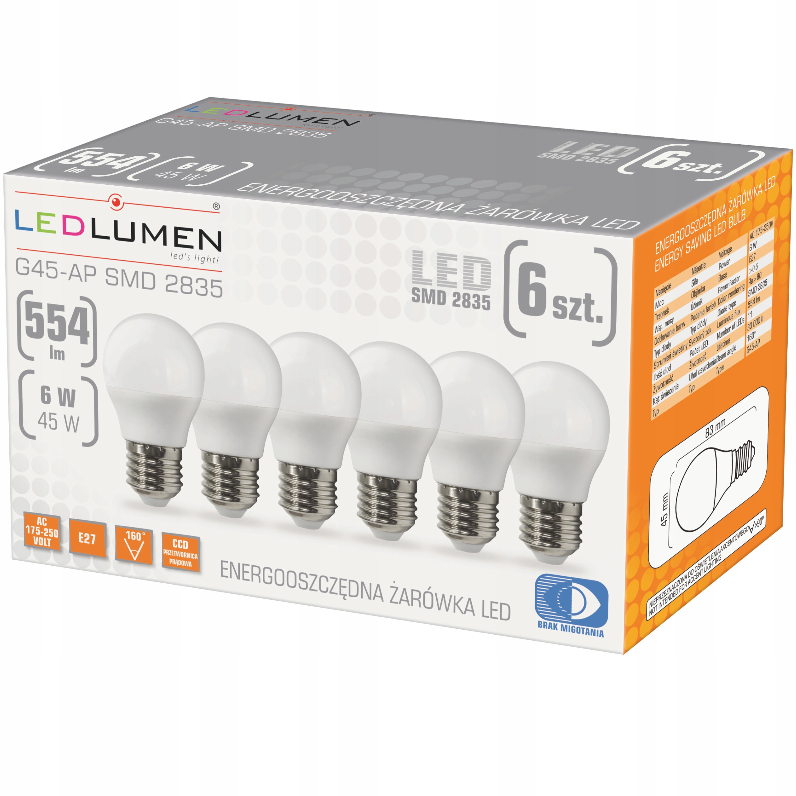 

Zestaw 6x Żarówka Led E27 Kulka 6W=45W 554lm CCD