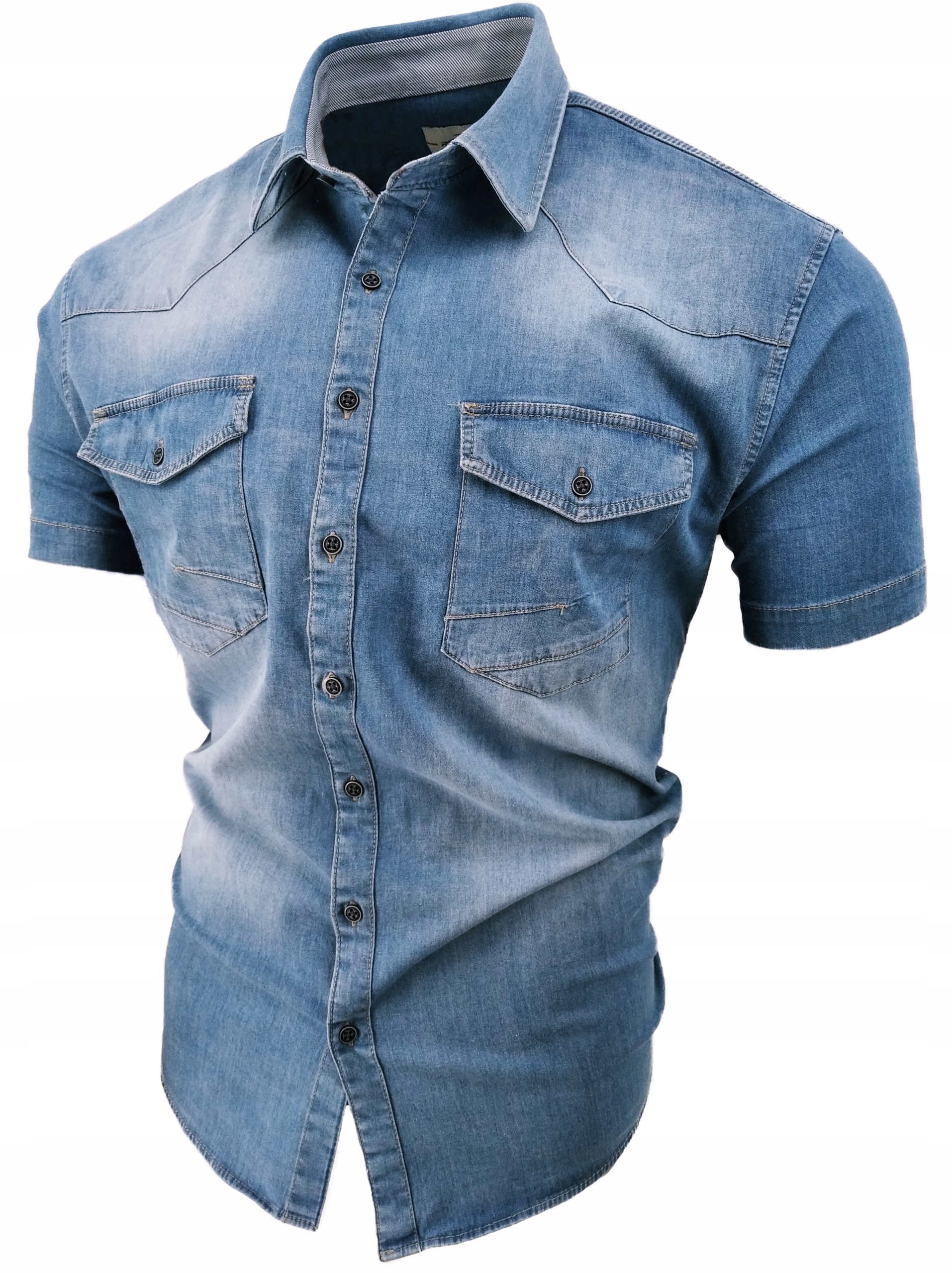 KOSZULA MĘSKA JEANSOWA KRÓTKI RĘKAW RP3950 XL 43/44 Model Elegancka