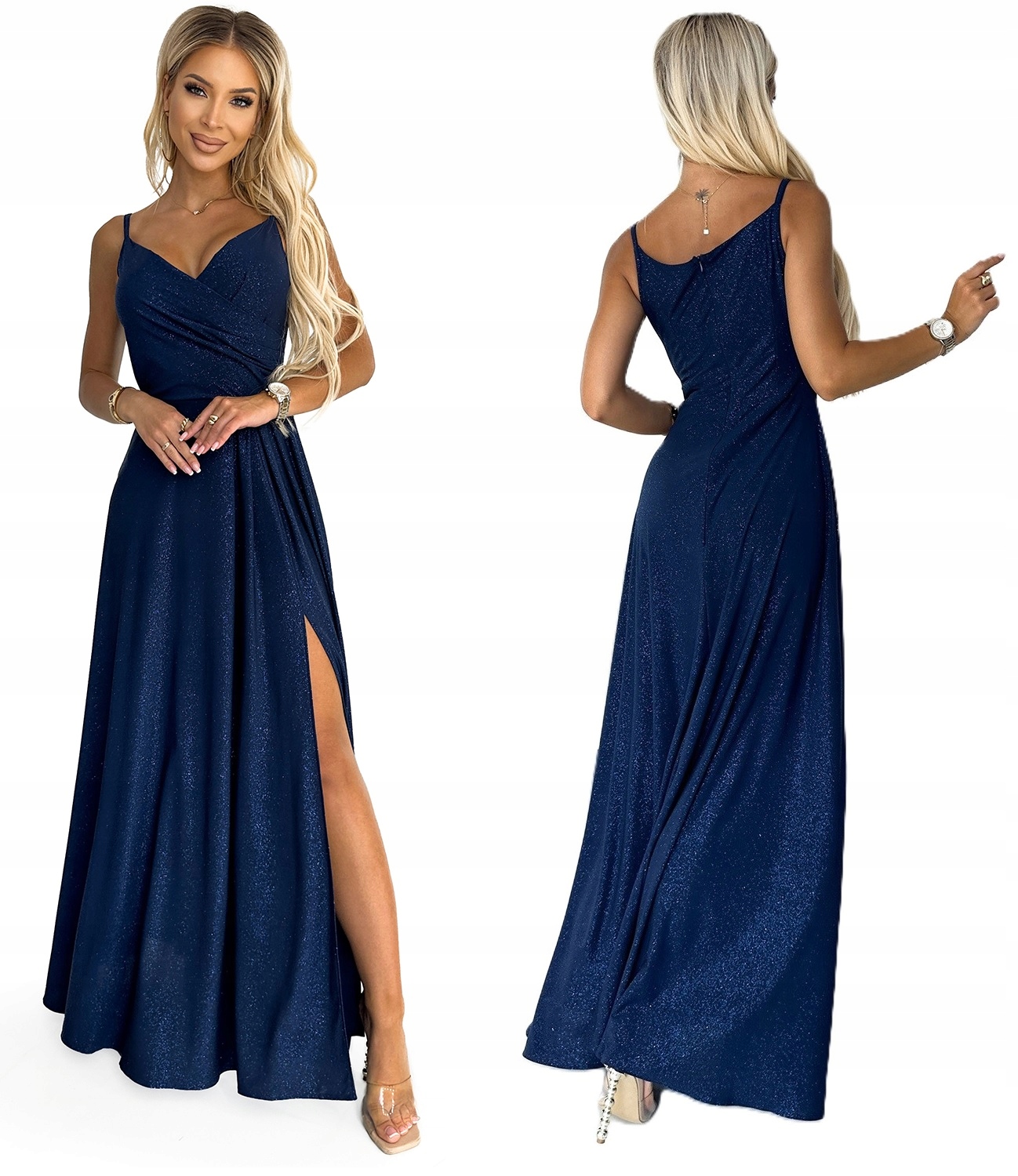 Elegantní Šaty Na Ramínka S Velkým Výstřihem Na Boku, Tmavě Modré, Se Třpytkami, Velikost L