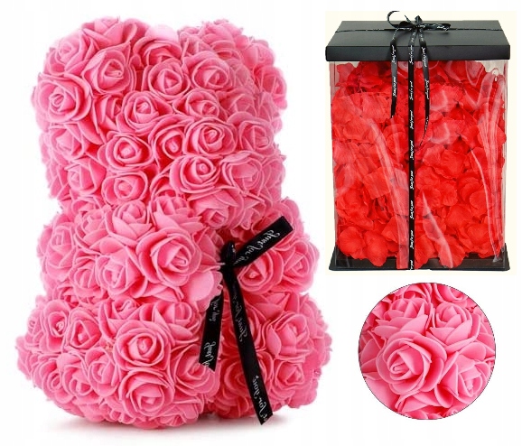 Růžový Medvídek S Růžemi 25 cm Vločky Dárek Pro Dívku A Ženu Maminky