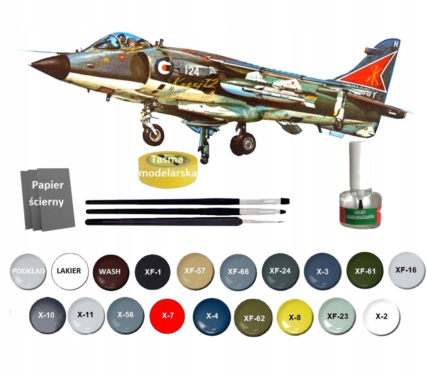 Model samolot do sklejania Sea Harrier FRS.1+podkład, farby, klej, farby