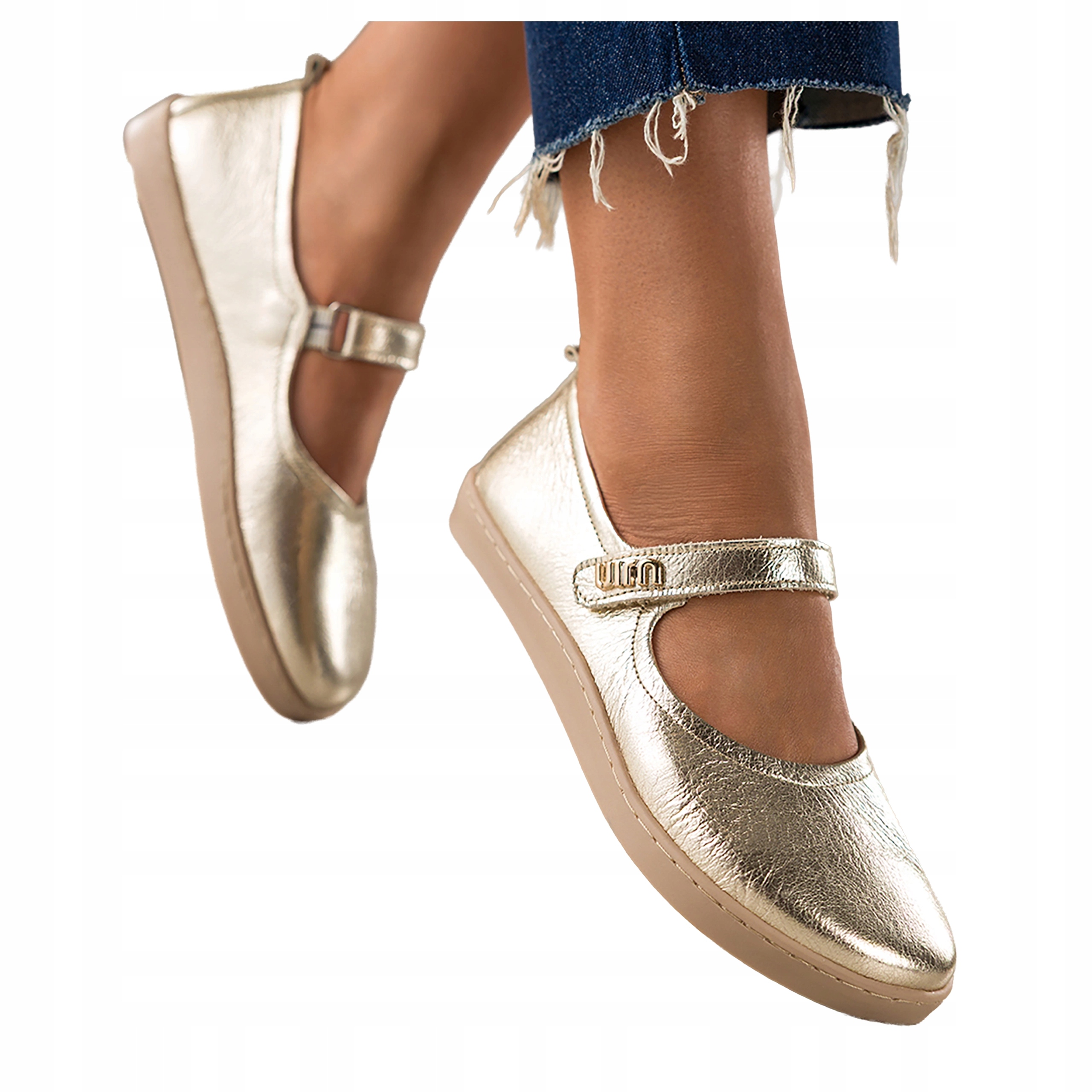 Zlaté Baleríny Dámské Kožené Lesklé Pásek Na Suchý Zip Barefoot vel. 37