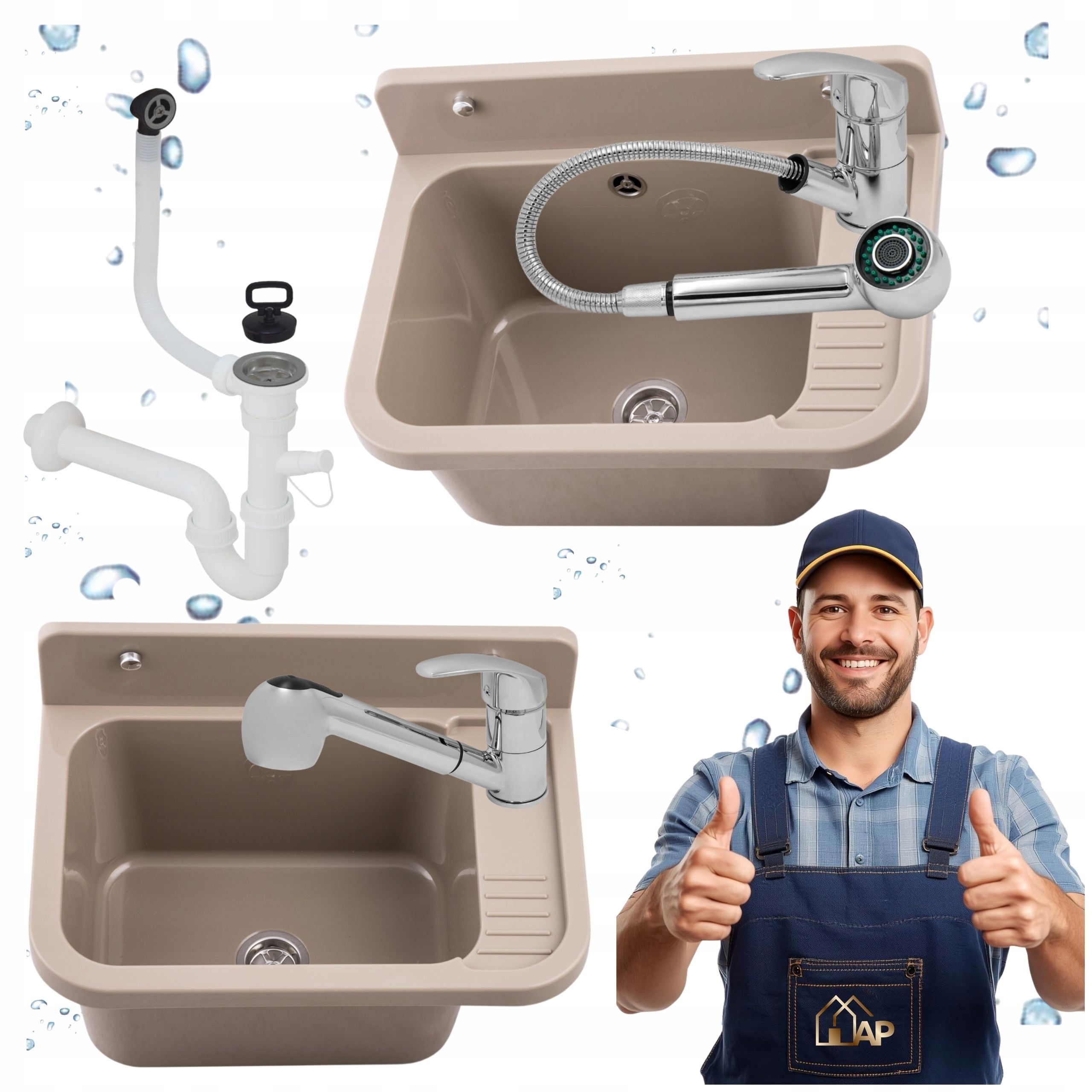 Hospodářský Dřez Béžová Barva Technická Komora Baterie Vytahovací Sprcha