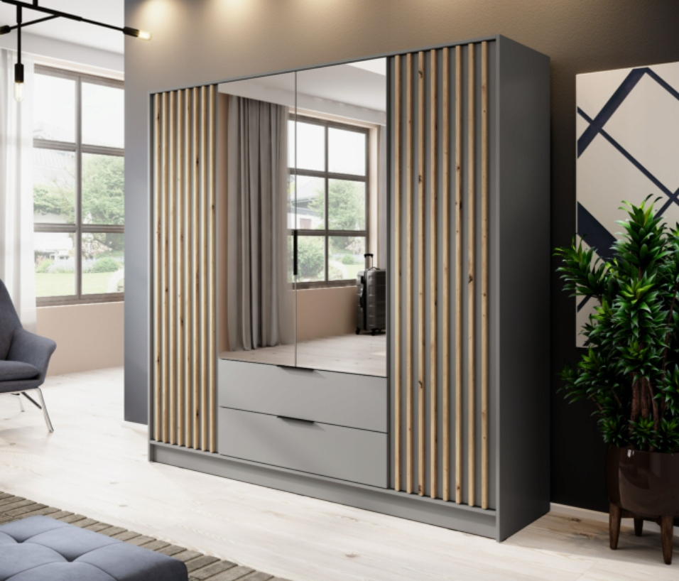 Szafa Lamele 206 cm Dąb Artisan + Lustro NELA PS Szerokość mebla 206 cm