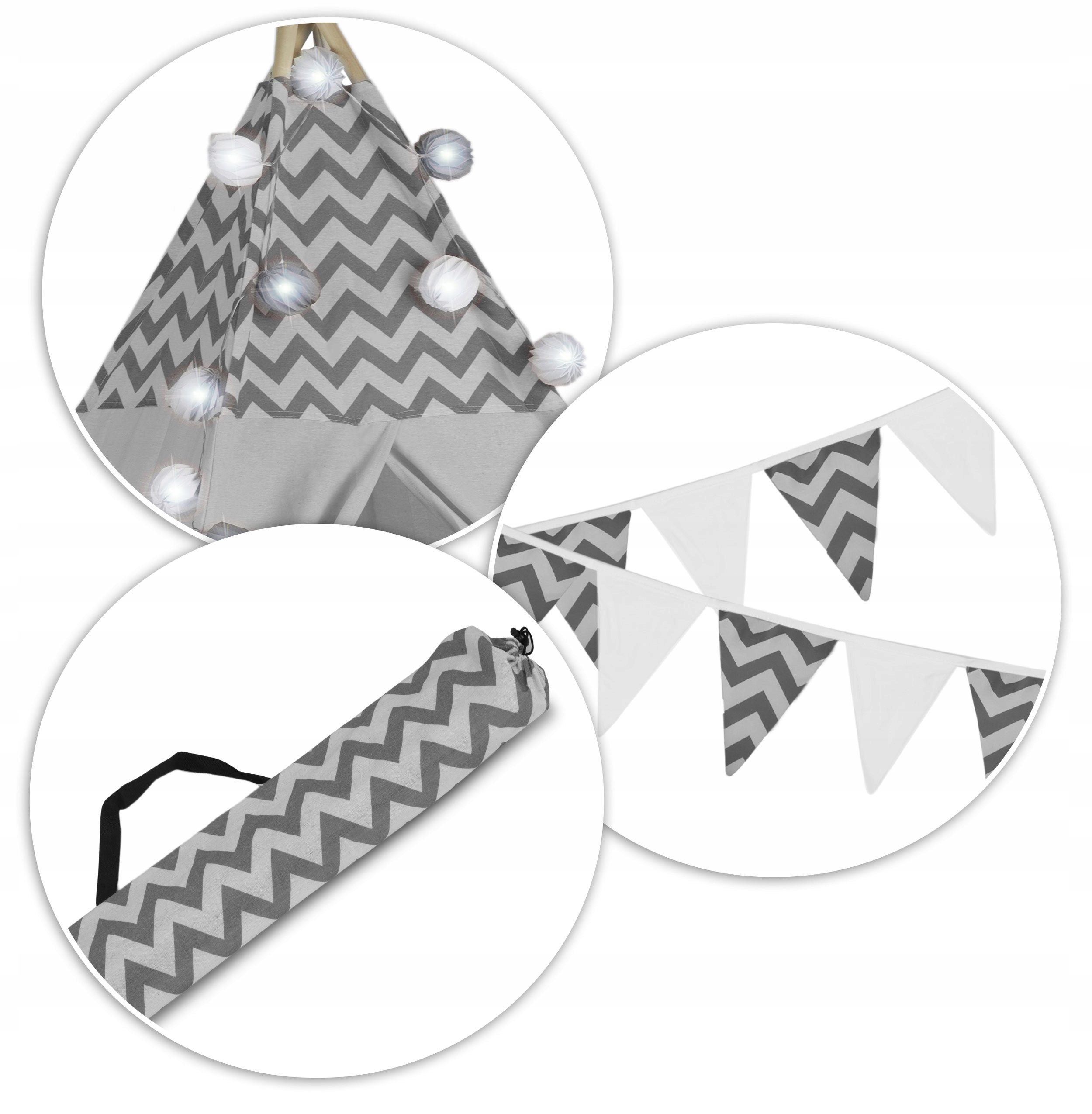 TIPI NAMIOT DLA DZIECI TEEPEE GIRLANDA PODUSZKI Wysokość produktu 165 cm