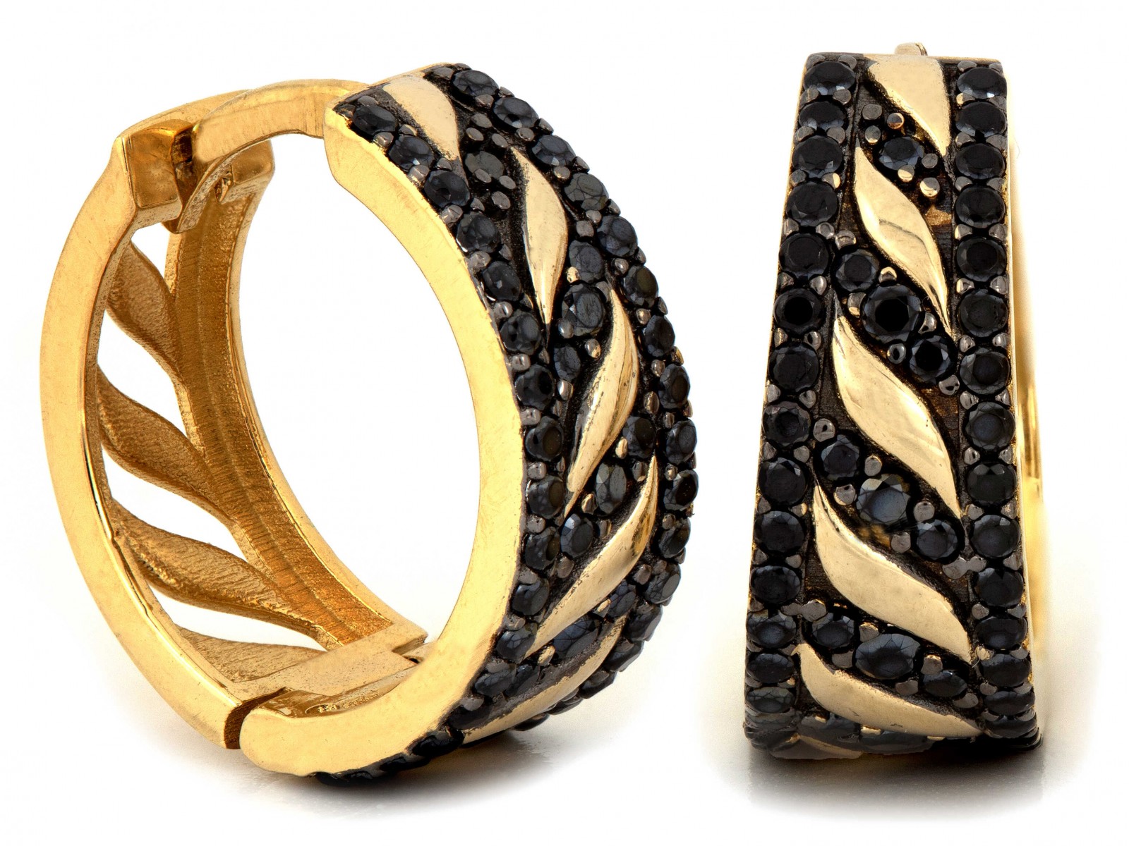Široké zlaté 585 14kt náušnice s prolamovanými kruhy a černými zirkony 4.15 g