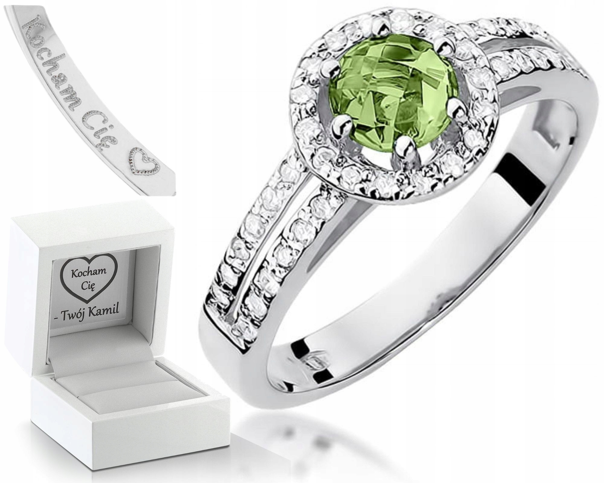Prstýnek Olivin Diamanty Bílé Zlato Gravírování 585