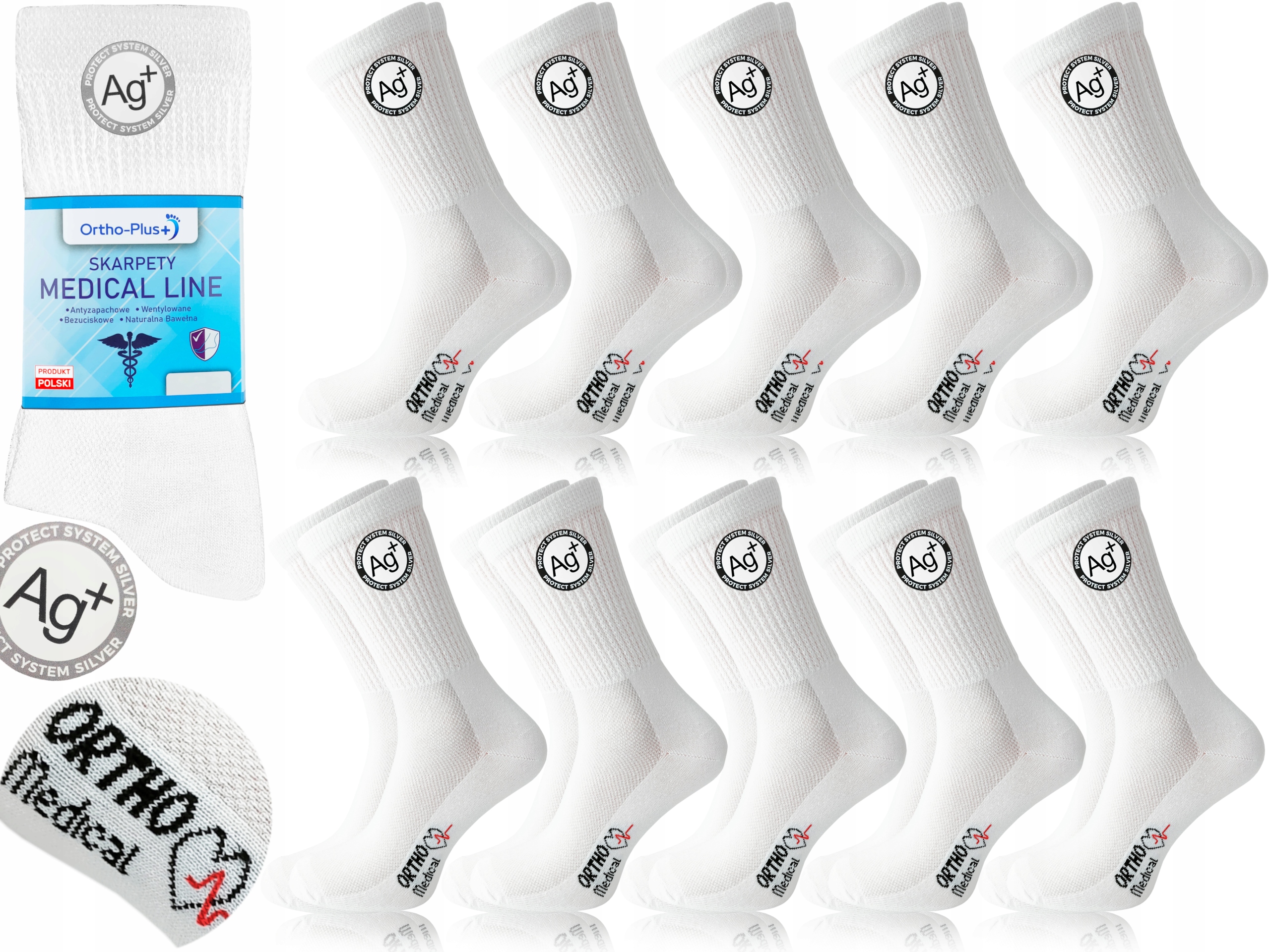 10x Pl Białe skarpety Bezuciskowe Medic Srebro Ag+