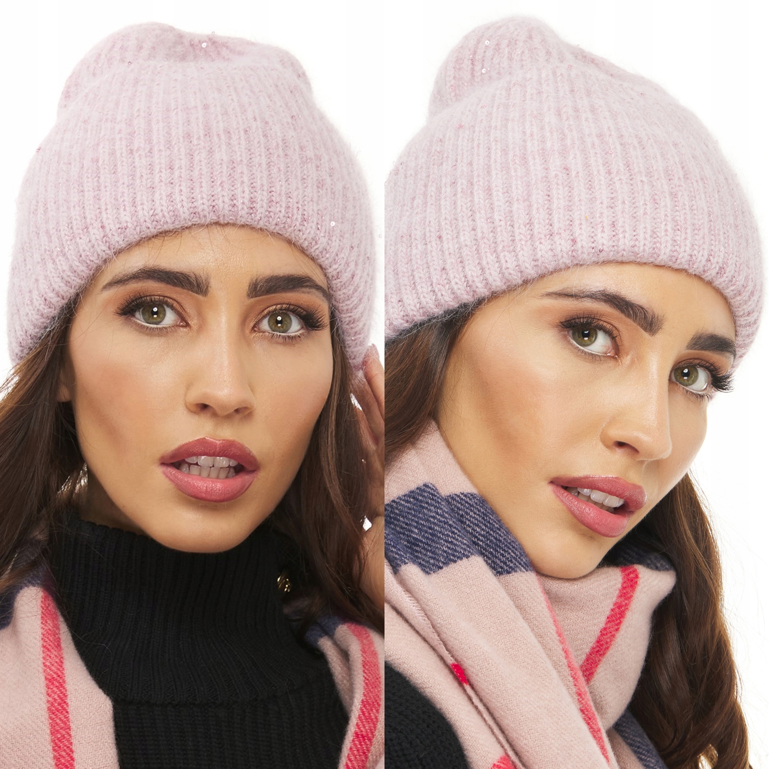

Czapka Beanie gruba dzianina cekiny pudrowy róż