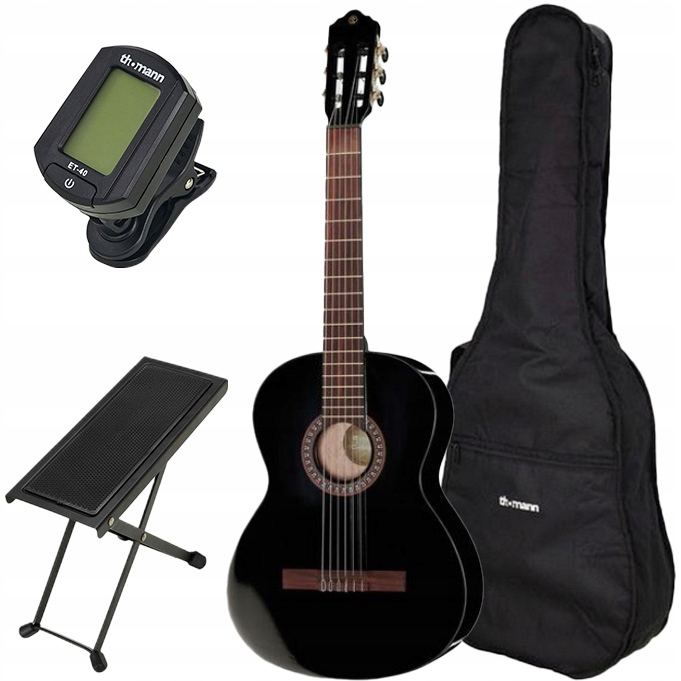 Kytara klasická Thomann C-404 Blk 4/4 Černá Obal Tuner Podnožka