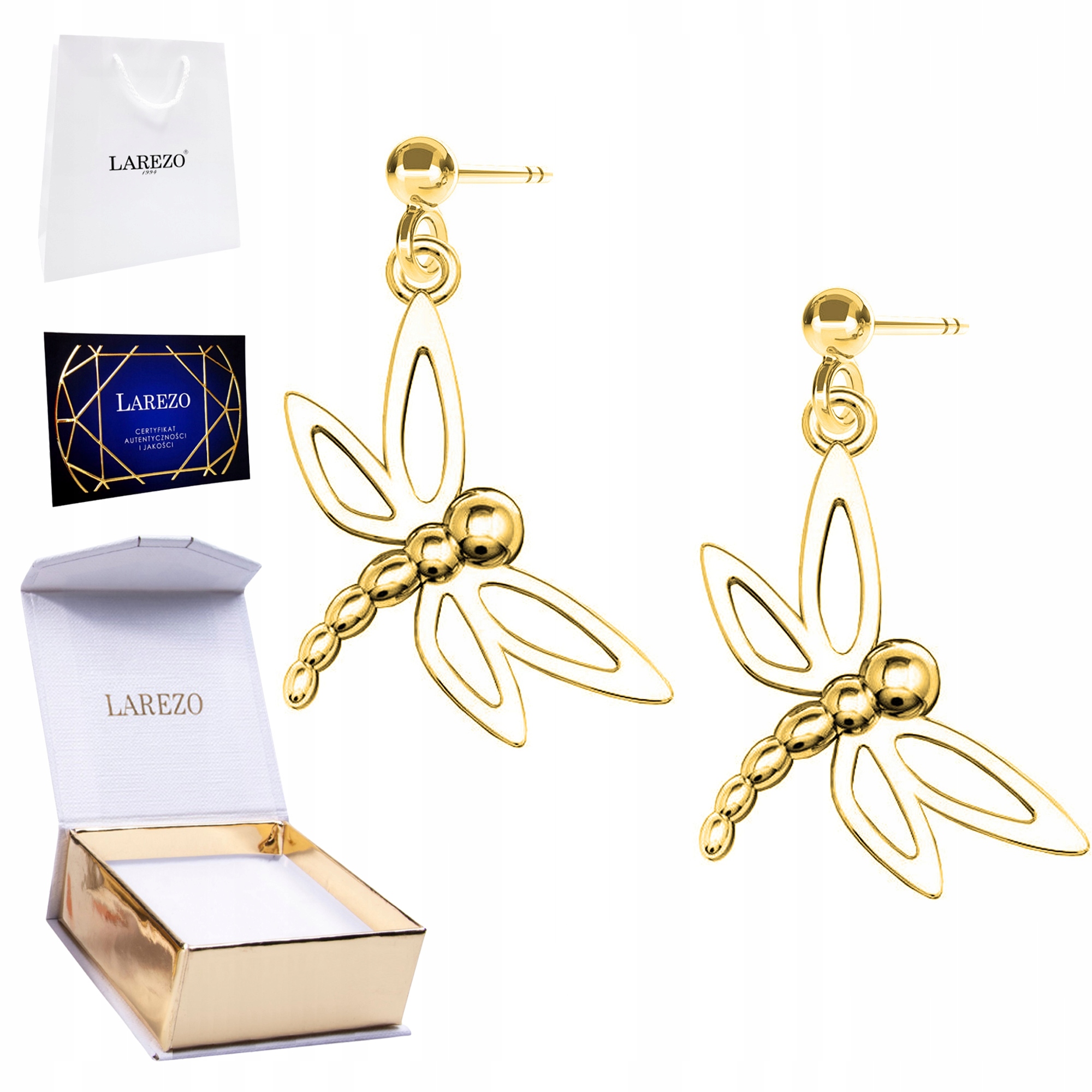Zlaté Náušnice 925 Pozlacené 24K s Vážkou Lesklé Vážky Hmyz s Křídly