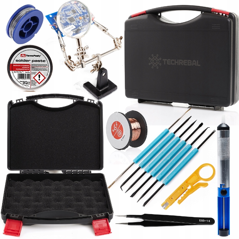 Narzedzia Do Lutowania W Walizce 14 Sztuk Trzecia Ręka Odsysacz Pęseta Drut