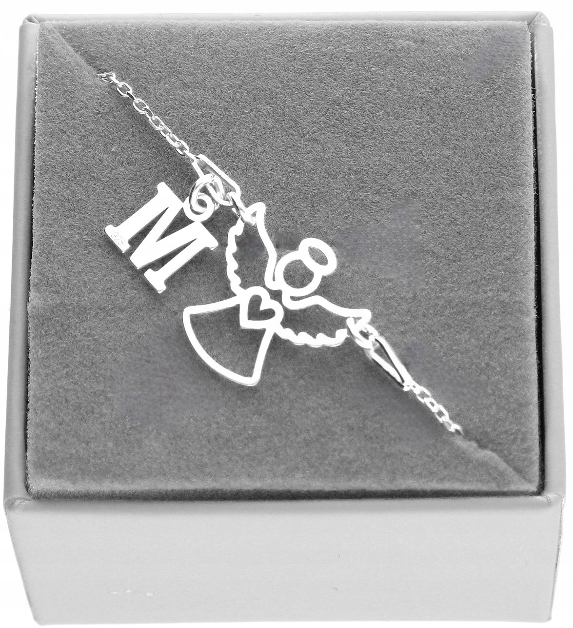 Srebrna bransoletka z aniołkiem aniołek Dowolna Literka Pudełko Komunia 925