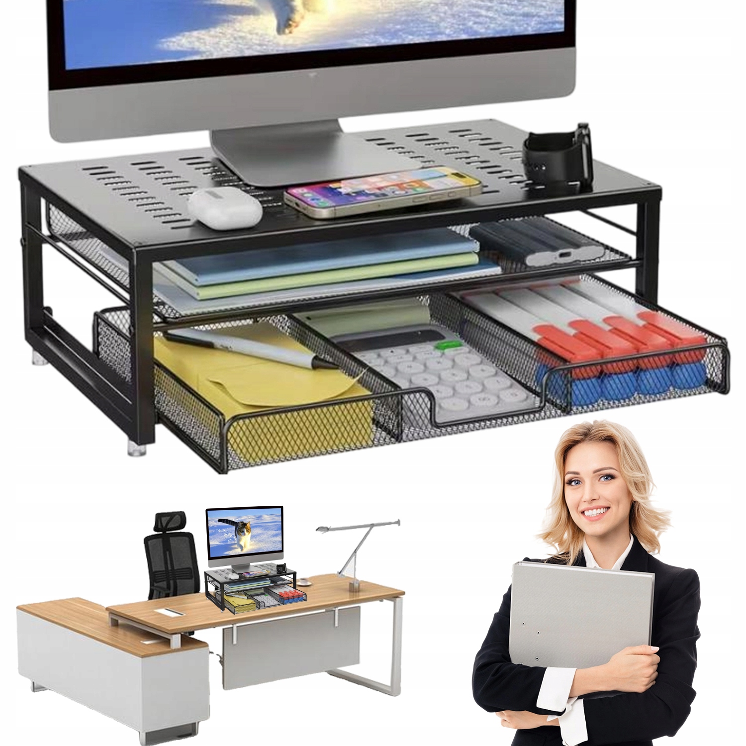 Černá Podložka Pod Monitor Se 2 Zásuvkami A Bočními Přihrádkami