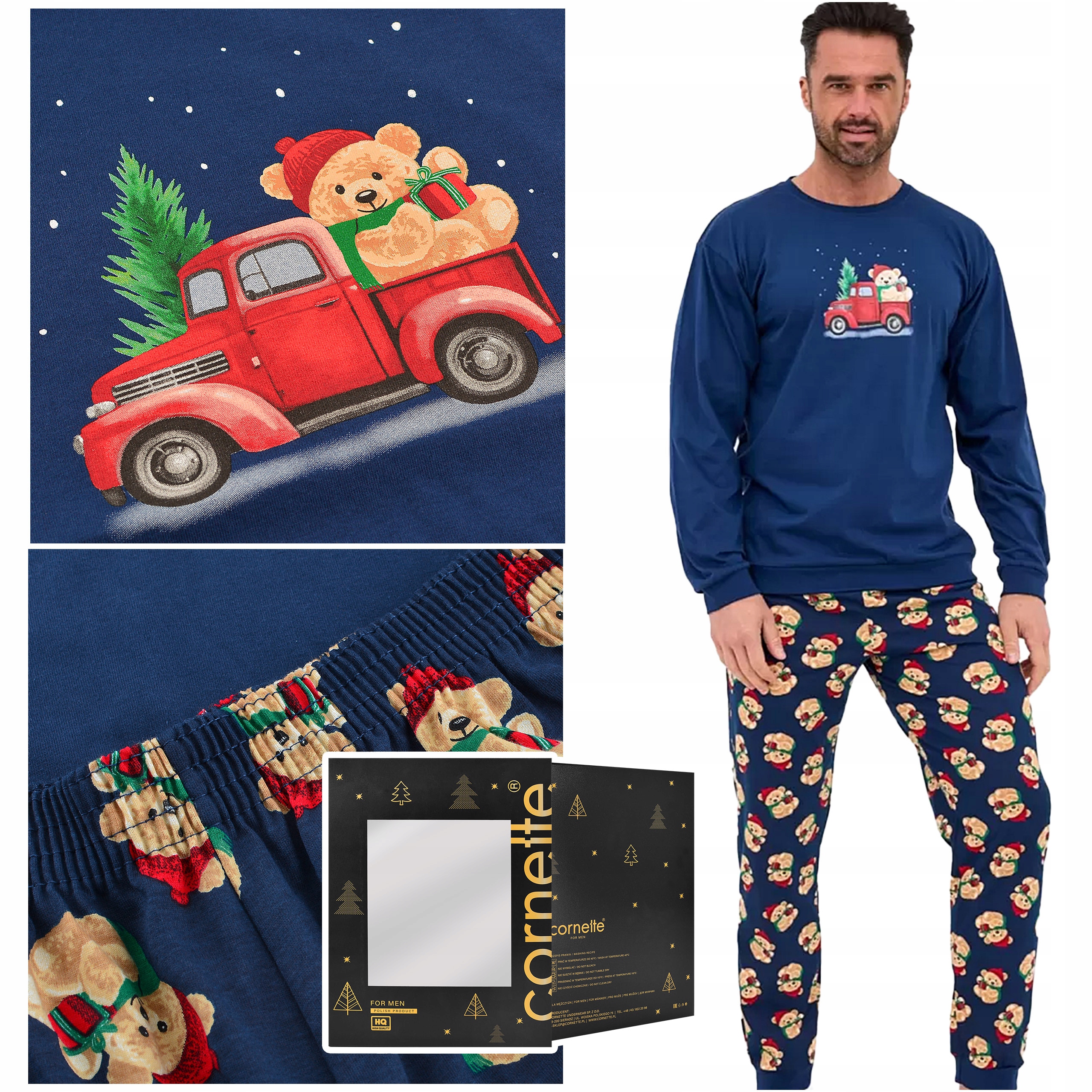 Cornette Pánské vánoční pyžamo s dlouhým rukávem, modré, medvídek, bavlněné, velikost XL