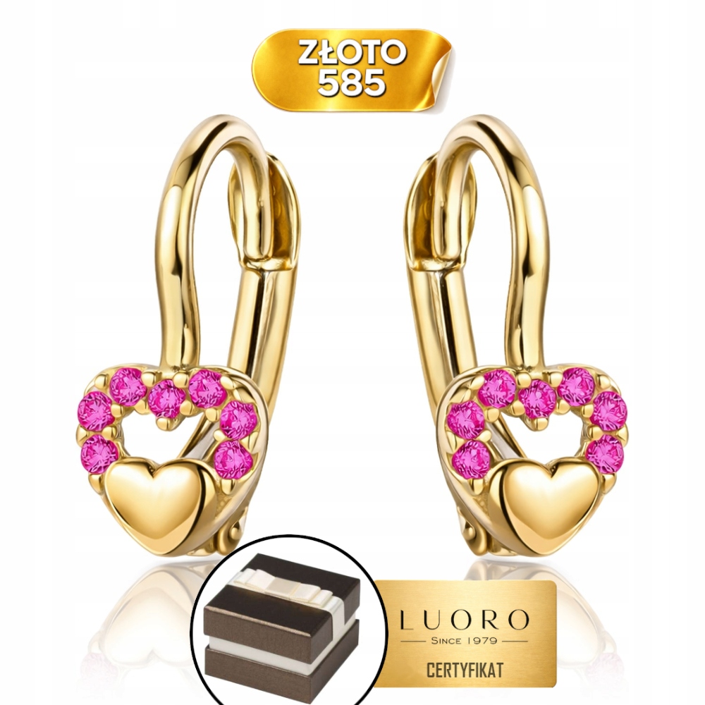 Náušnice Zlaté 585 14K Konvexní Srdíčko Purpurová Zirkon 12 MM