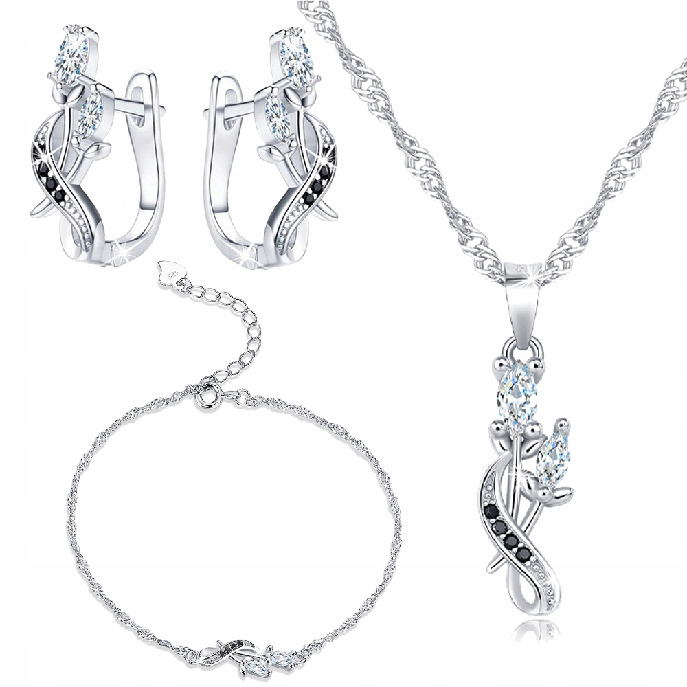 

Srebrny Komplet Biżuterii Rodowanej Kwiaty 925