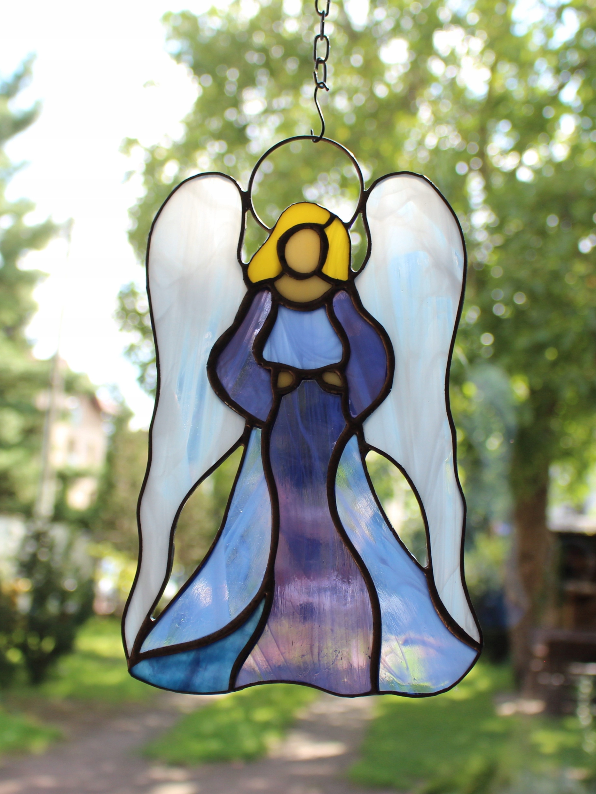 Anděl vitrážový, anděl k zavěšení, Anděl strážný, fialový anděl