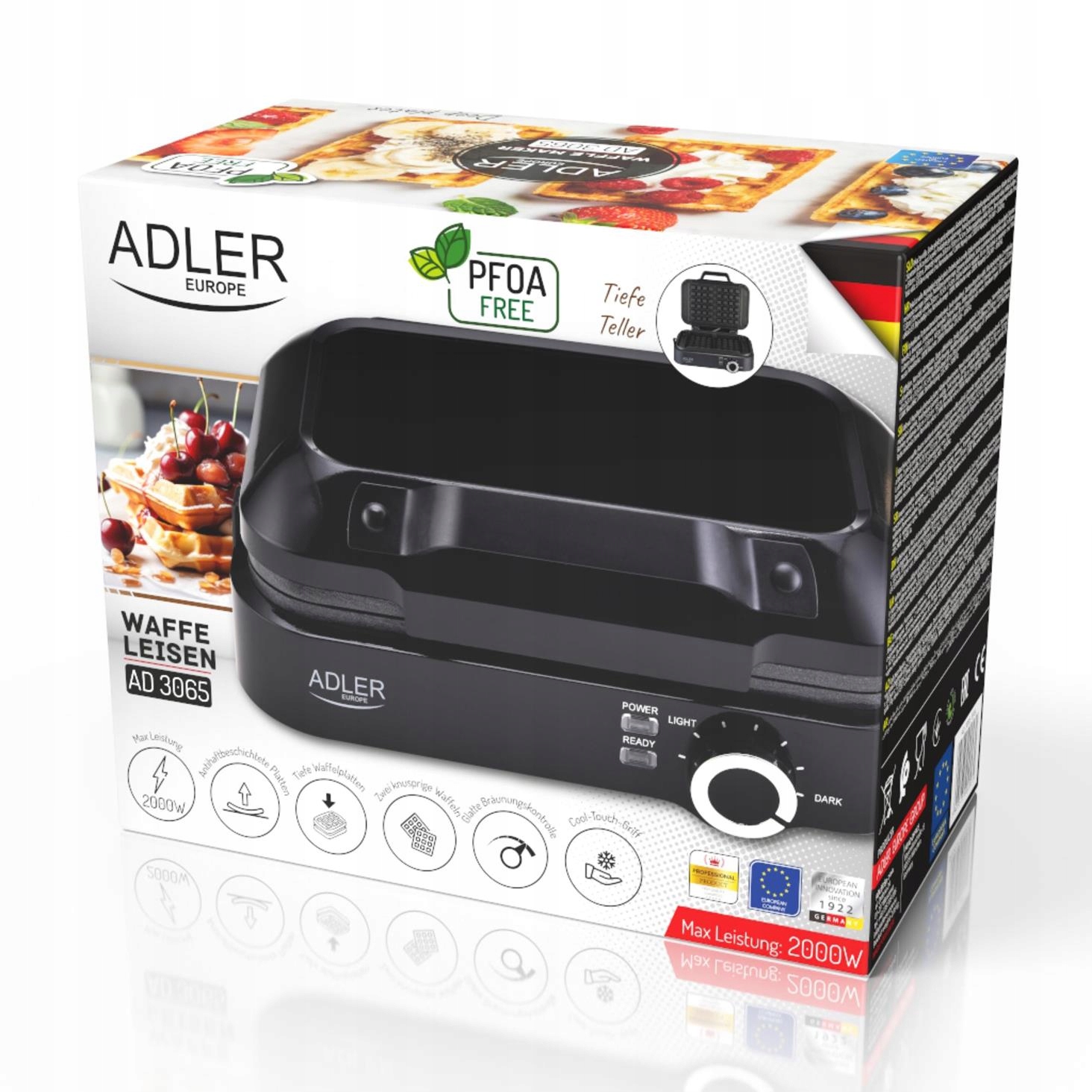 GOFROWNICA ADLER 2000W CZARNA + EBOOK GRATIS 30 ZDROWYCH GOFRÓW Moc 2000 W