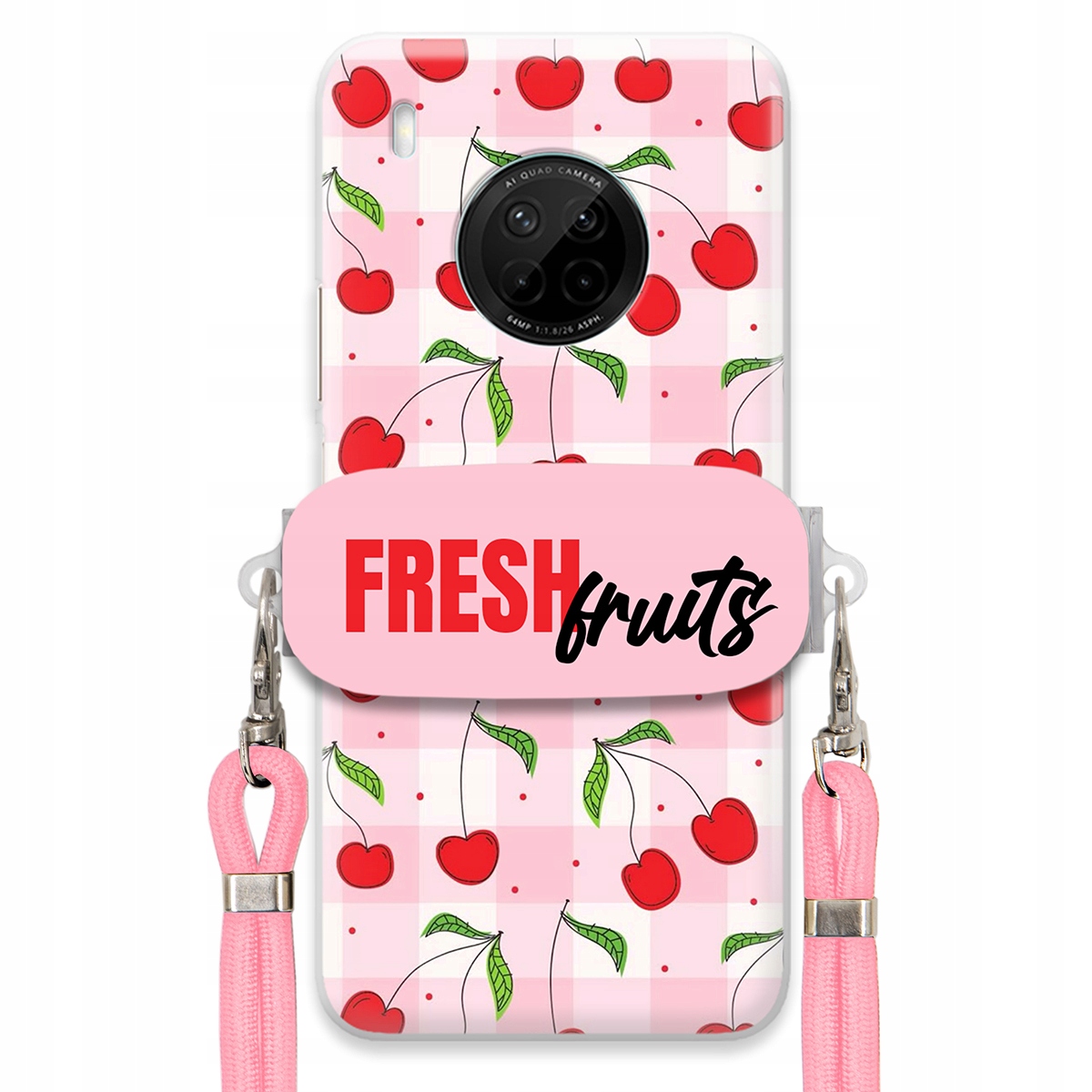 Pouzdro pro Huawei Y9a Case Držák Šňůrky Růžová Fresh Fruits Mřížka Ovoce