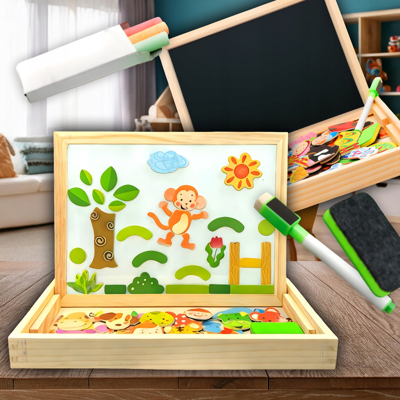 TABLICA MAGNETYCZNA KREDOWA SUCHOŚCIERALNA RYSOWANIA DWUSTRONNA AKCESORIA Kod producenta DREWNIANA TABLICA EDUKACYJNA DLA DZIECI