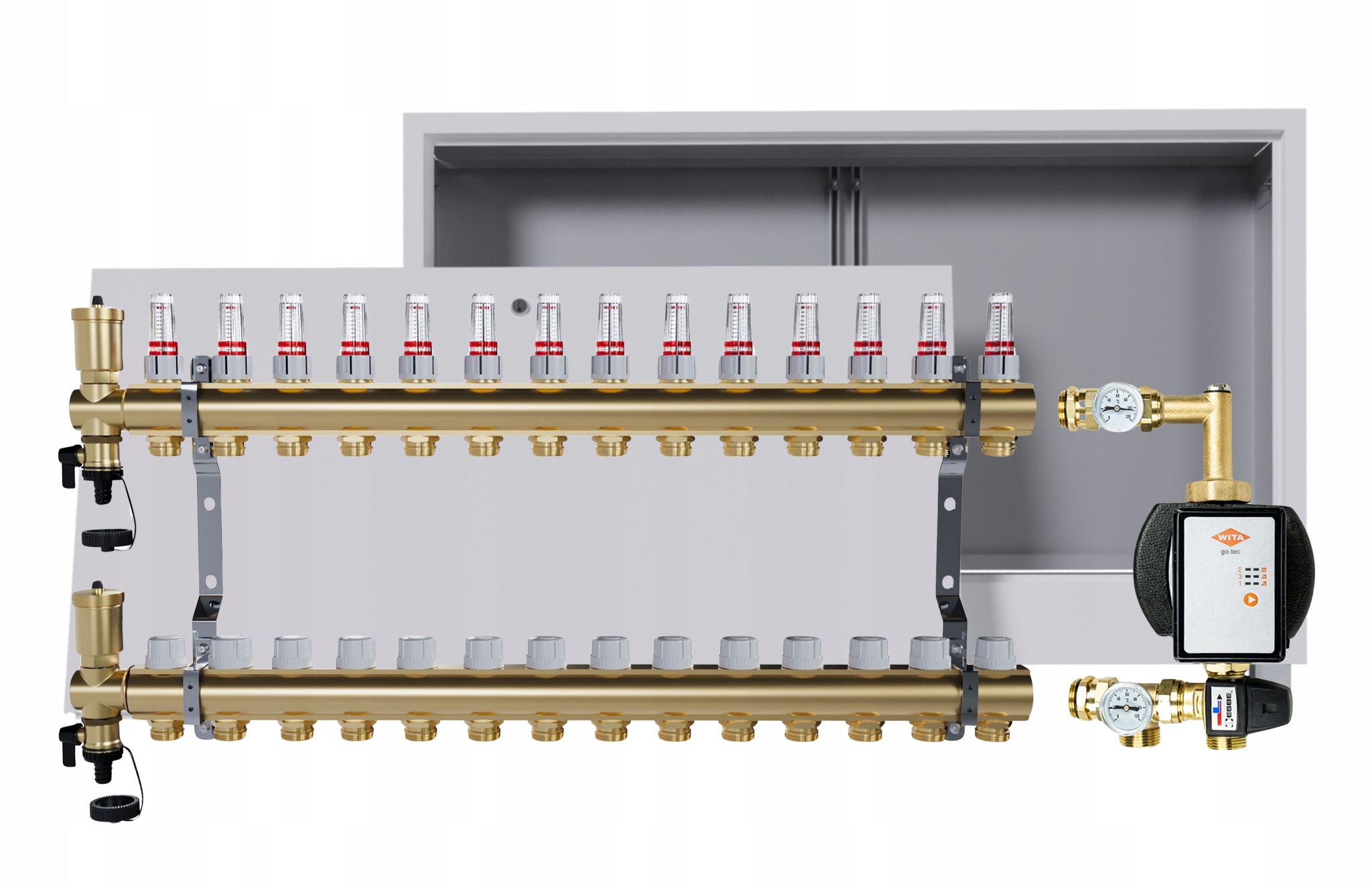 Rozdělovač pro podlahu 14 okruhů se skupinou Wita podomítková skříňka