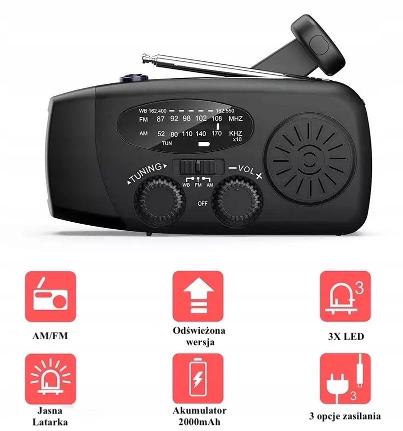 RADIO NA KORBE SOLAR POWERBANK LATARKA AWARYJNE Kolor czarny