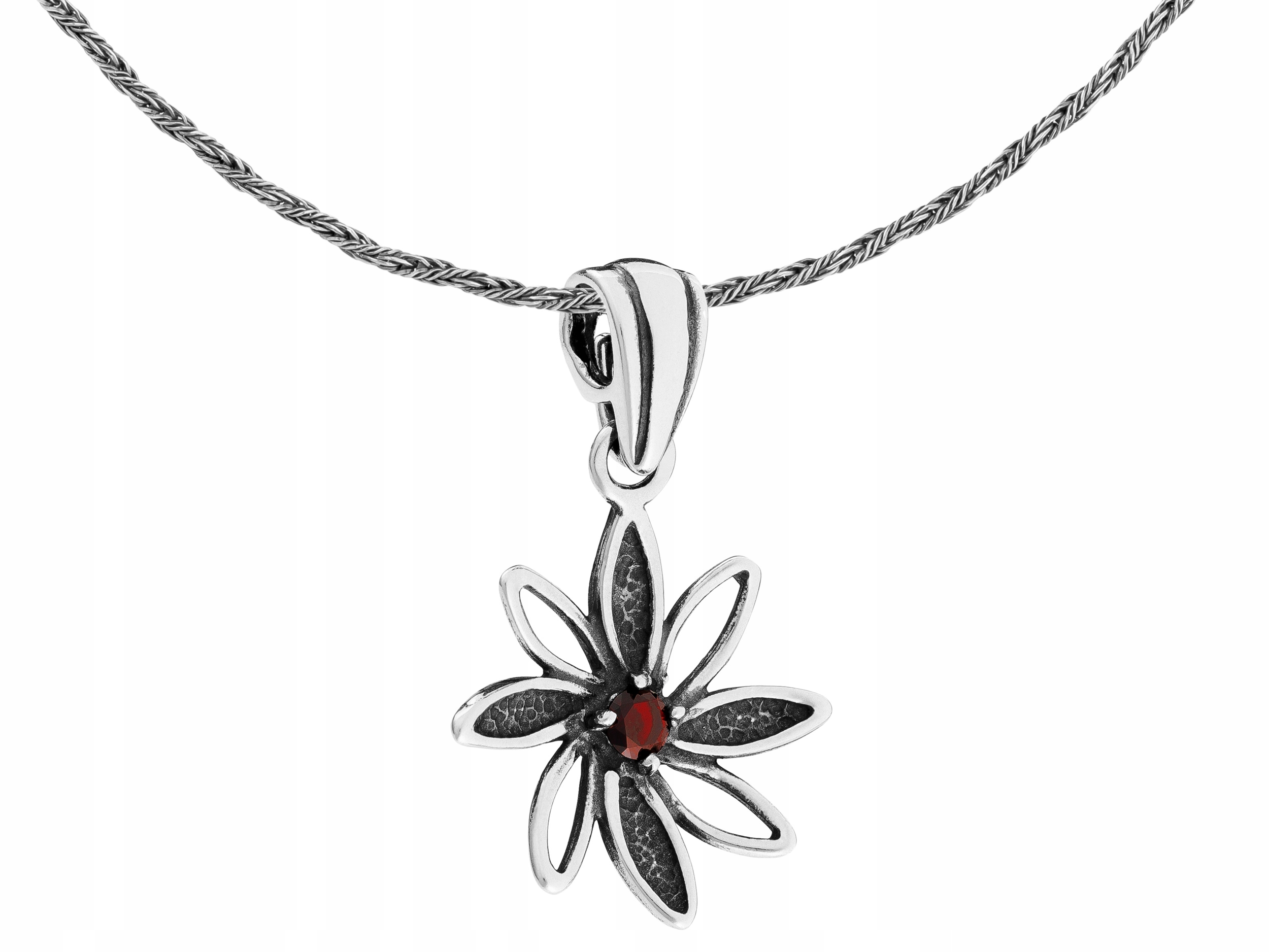 Dlouhý stříbrný dámský oxidovaný náhrdelník Květ s červenou zirkonií 80