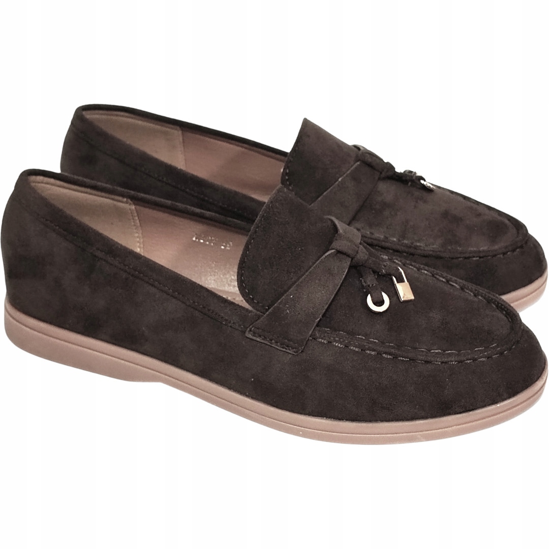 Mokasyny Damskie Brązowy Eko Zamsz Złota Ozdoba r 39