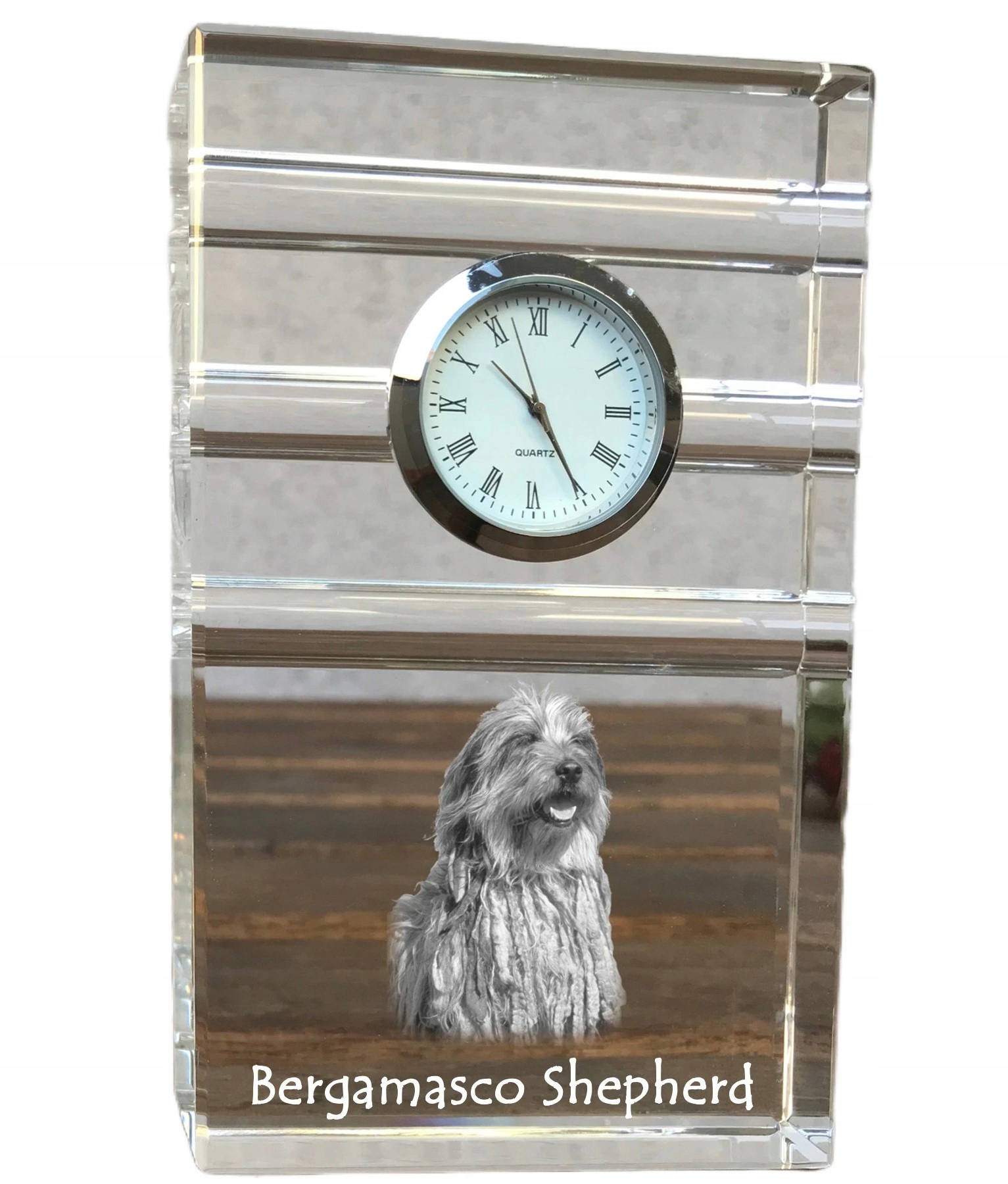 Bergamasco krištáľové stolové hodinky so psom, s vašou fotografiou, suvenír