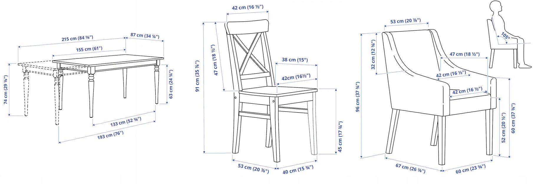 IKEA INGATORP/INGOLF Stół i 6 krzeseł 155/215x87cm Kod producenta 092.857.01