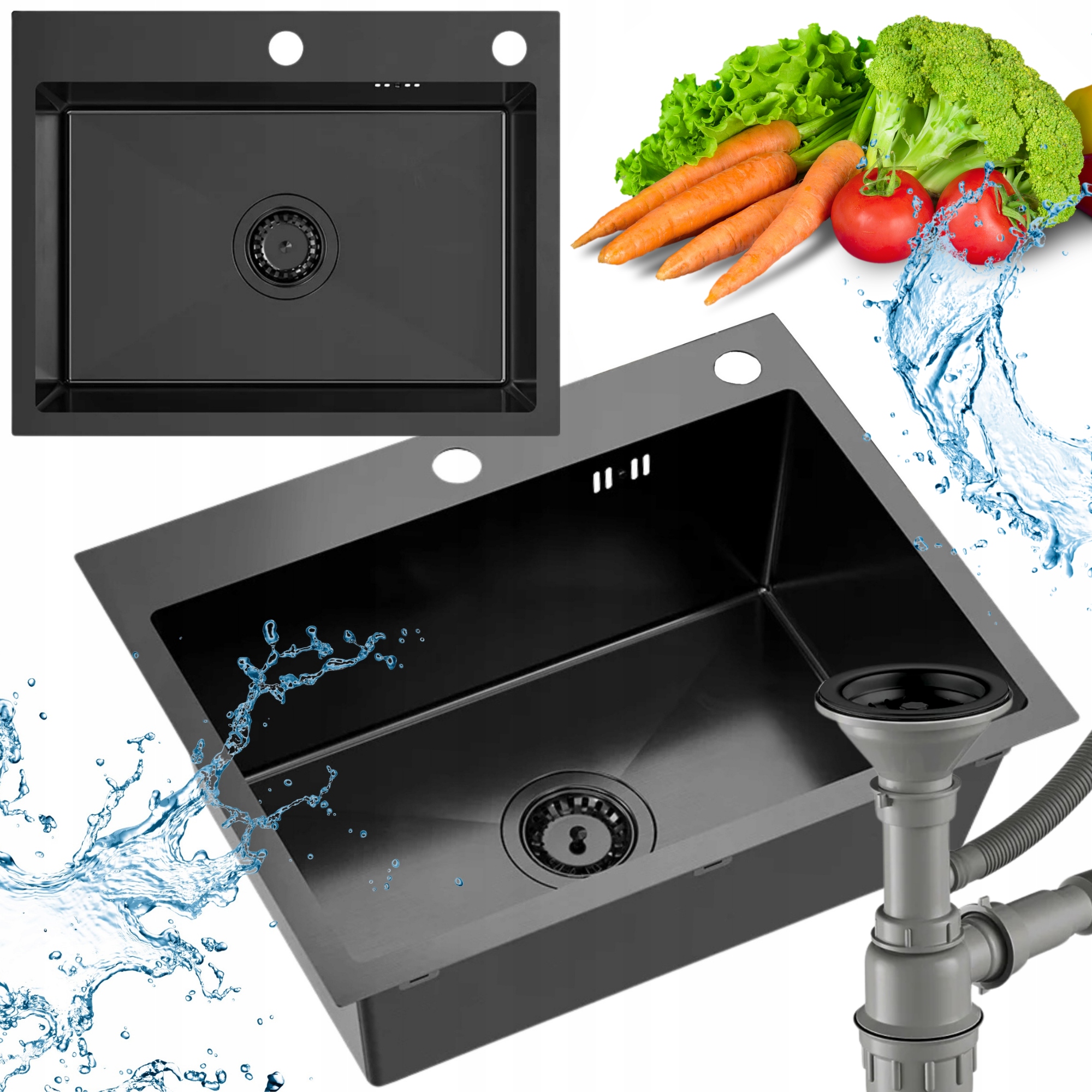 Ocelový Jednokomorový Dřez Černý Velký 110 Sifon Záslepka 7v1