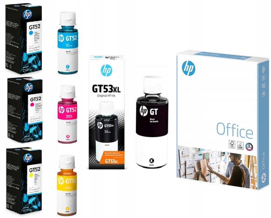 Zestaw oryginalnych tuszy Hp GT52 GT53XL Smart Tank papier Hp Office A4