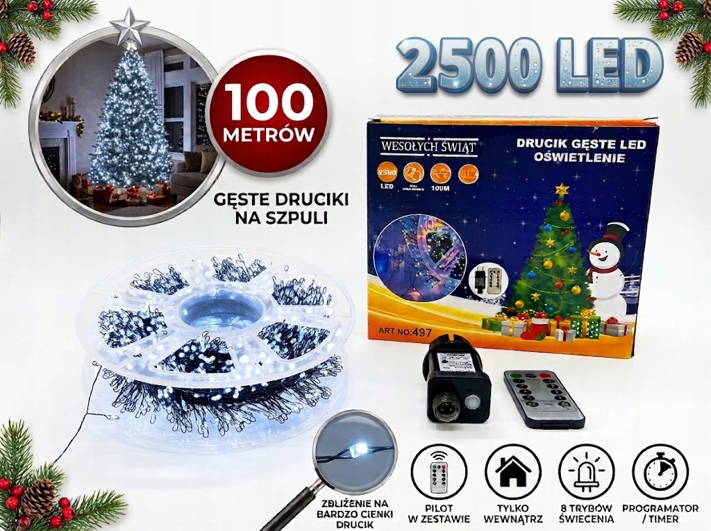 Vánoční Osvětlení Na Stromeček Drátek 2500 Led 100 m Studená bílá dálkové ovládání