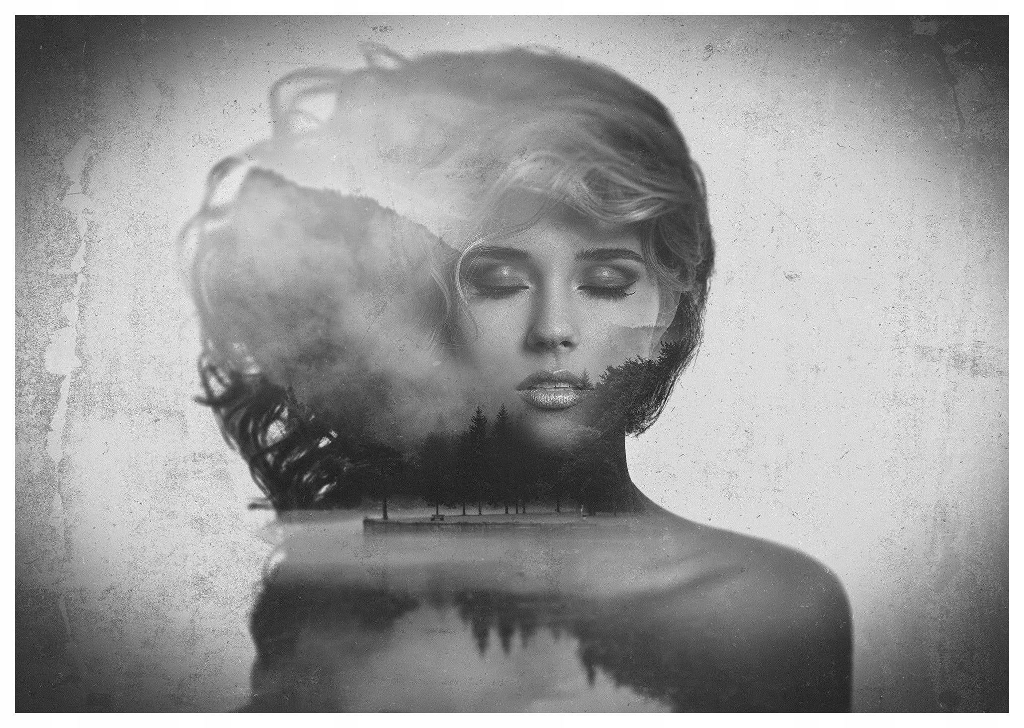 Fototapeta Hory žena jazero Vintage Surrealizmus 368x254 biela lepidlo