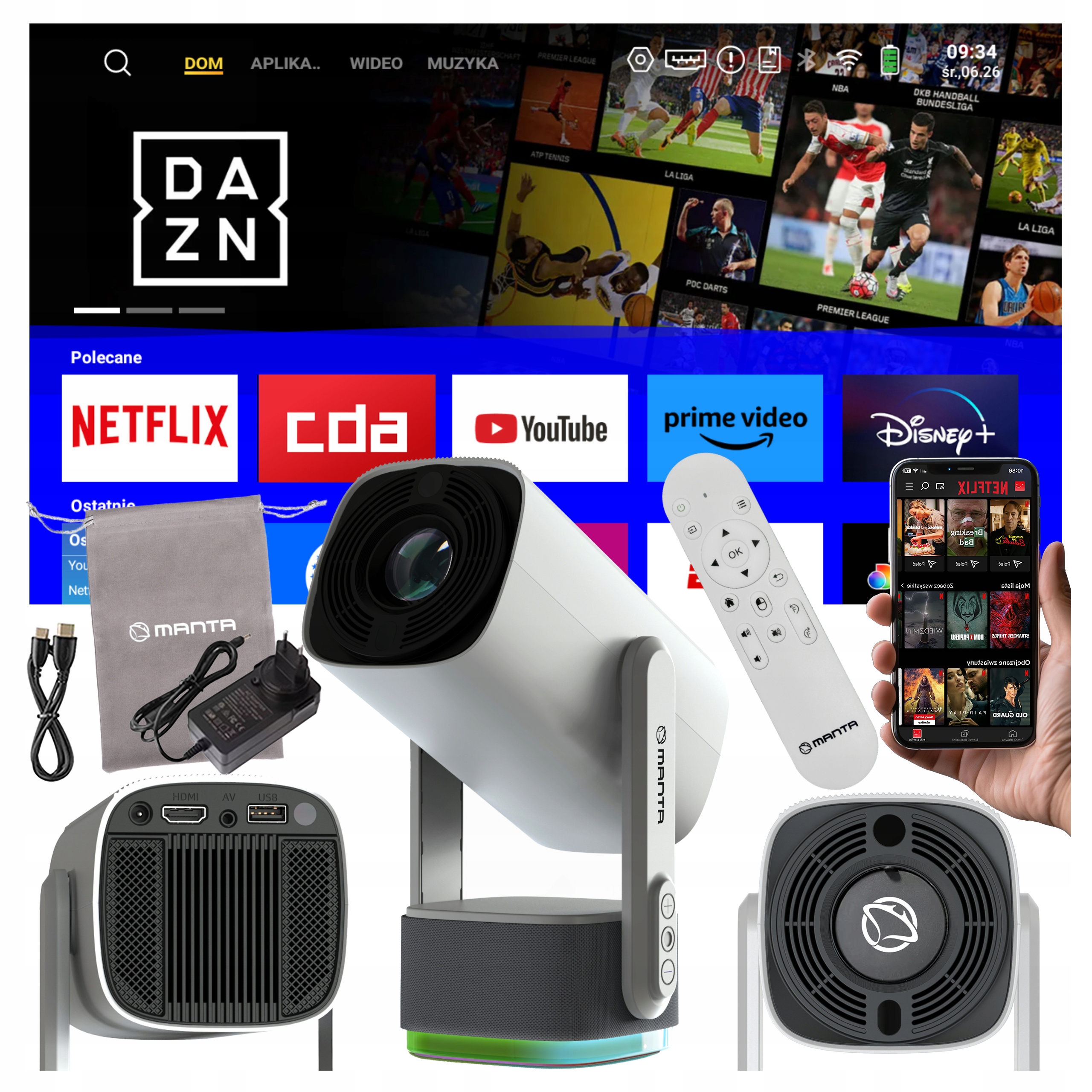 Projektor Rzutnik Akumulator Przenośny 4K Obrotowy Mobilny Smart Tv Android