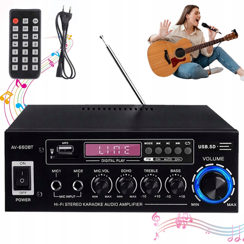 Stereo Zesilovač Bluetooth 5.0 Rádio Led Displej Anténa S Dálkovým Ovládáním