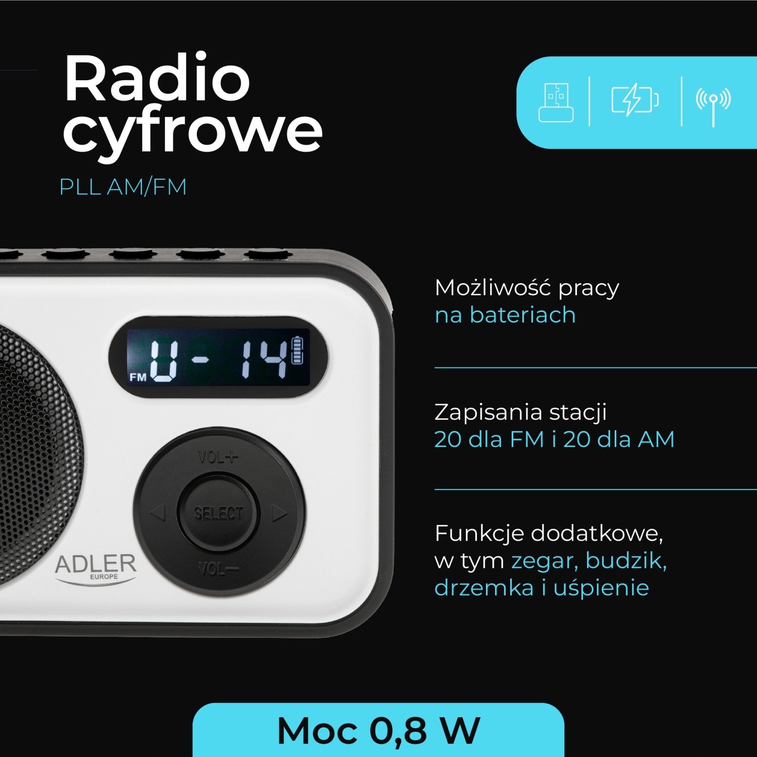 Radio Cyfrowe AD 1906 PLL AM/FM Automatyczne Strojenie Budzik LCD