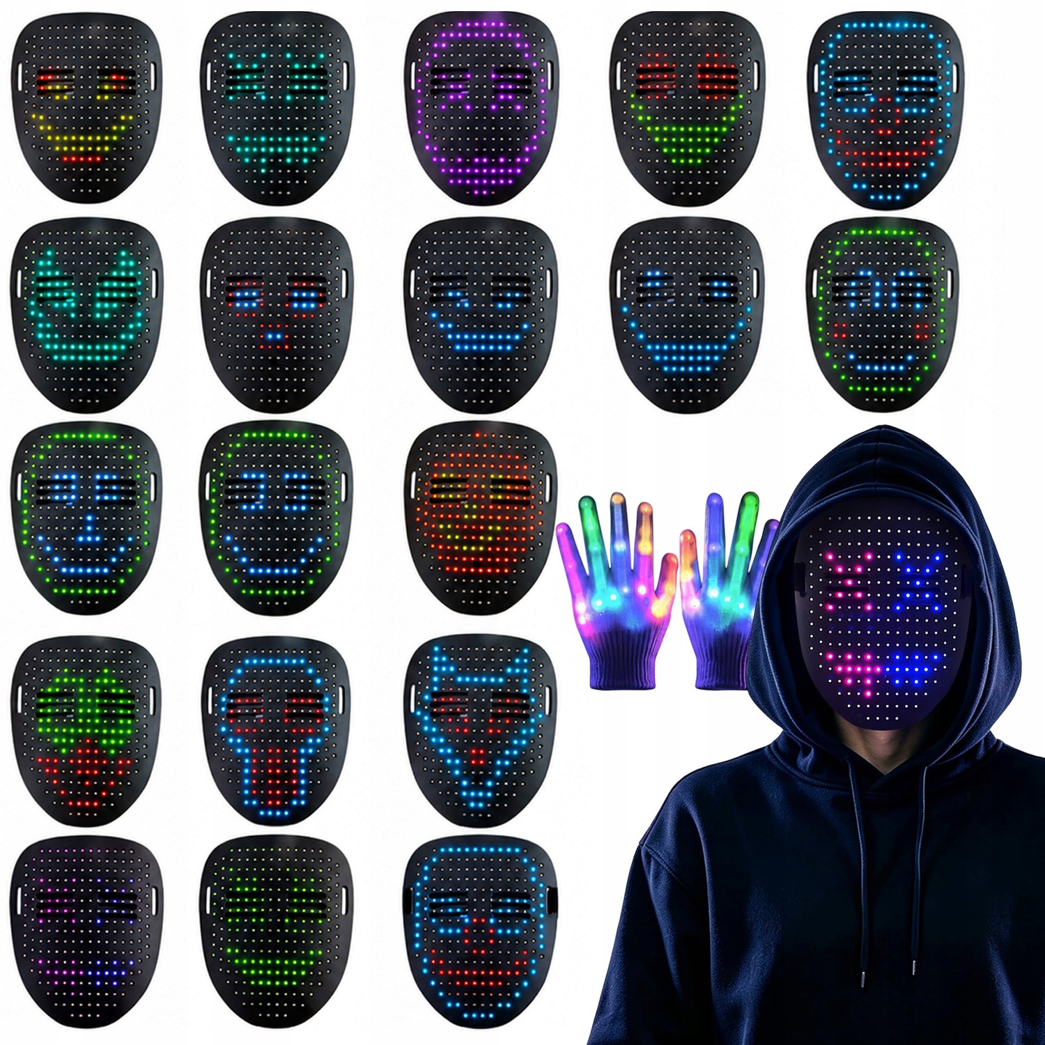Led Digitální Maska Ovládaná Gesty Na Halloween 50 Animací 600 Mah