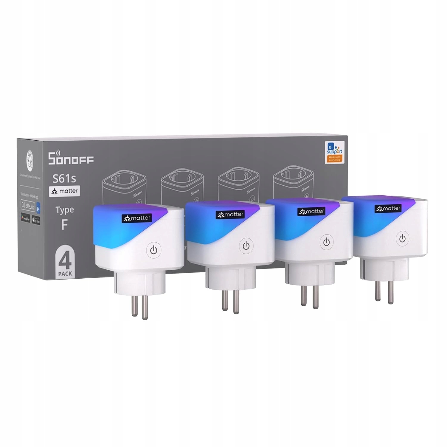 4 pak Sonoff S61S Wtyczka Zewnętrzna Smart Matter WiFi 16A Pomiar Energii