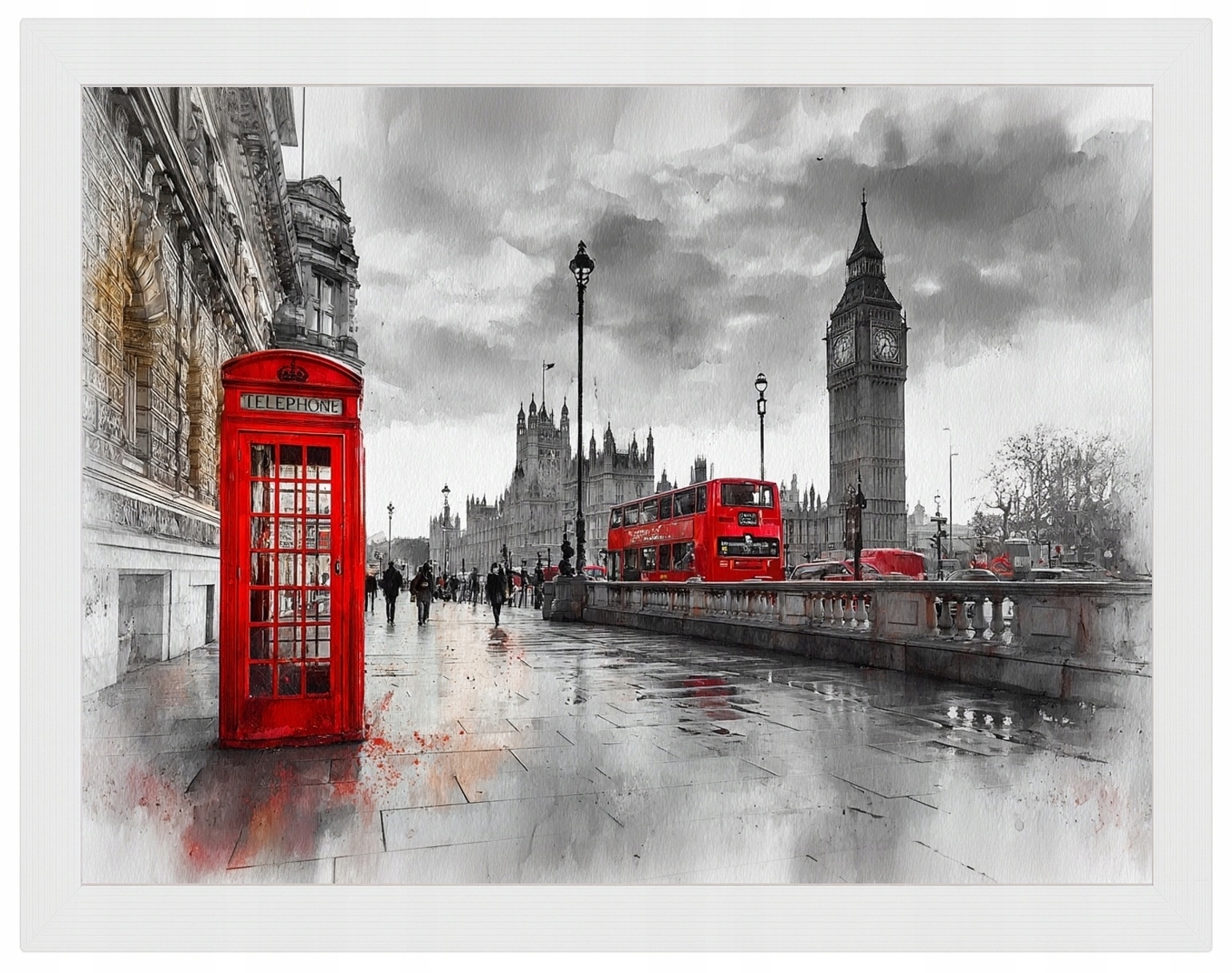 Plakát Rámeček Dřevo Londýn Big Ben Telefonní Budka Bus 80x60