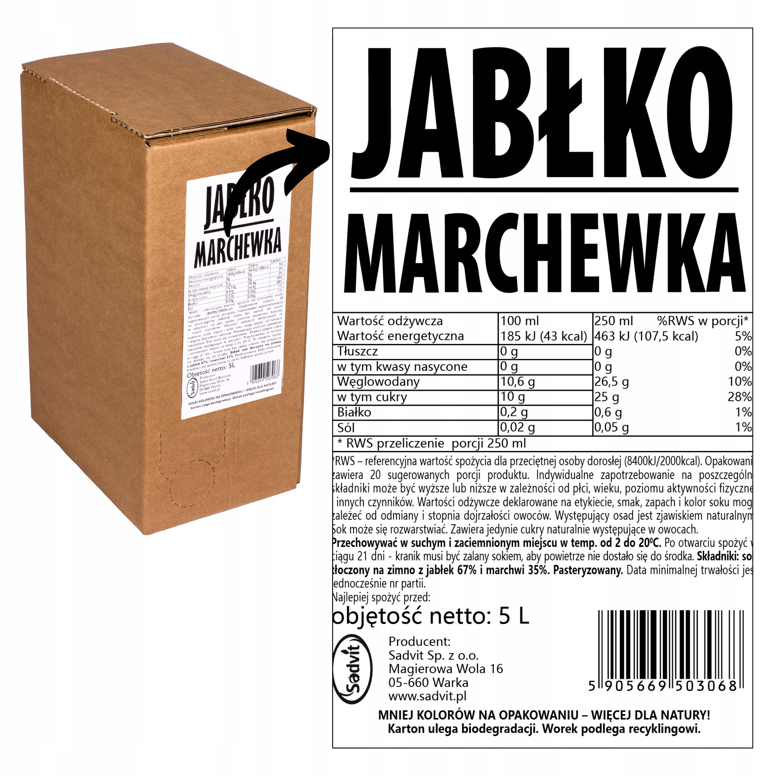 Sok jabłko marchewka tłoczony naturalny 100% 5L z marchwi i jabłek, zdrowy Pojemność 5000 ml