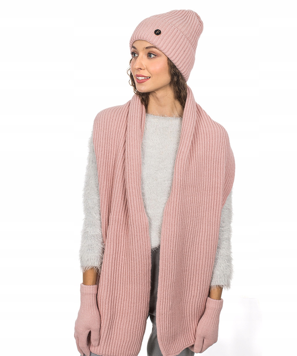 Komplet Čepice Dlouhý šátek Rukavice 3v1 Teplý Zimní Stylový Pudrový